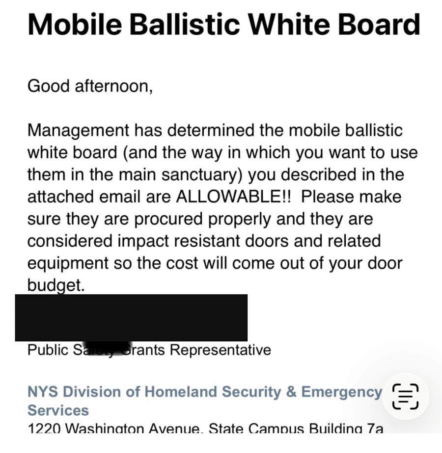 Written determination from the NYS Division of Homeland Security & Emergency Services confirming the mobile ballistic white board is an allowable grant expense